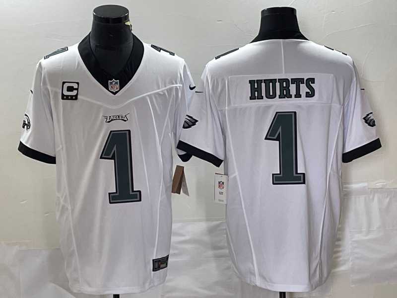 Mens Philadelphia Eagles #1 Jalen Hurts White C Patch 2023 FUSE Vapor Stitched Jersey